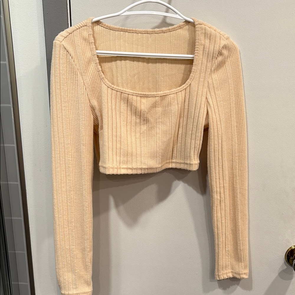 SHEIN Beige Ribbed Long Sleeve Crop Top